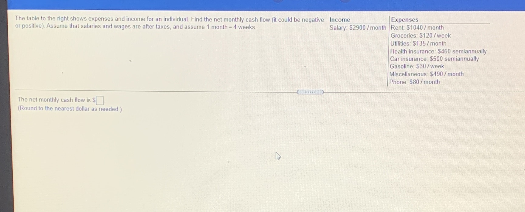 The table to the right shows expenses and income