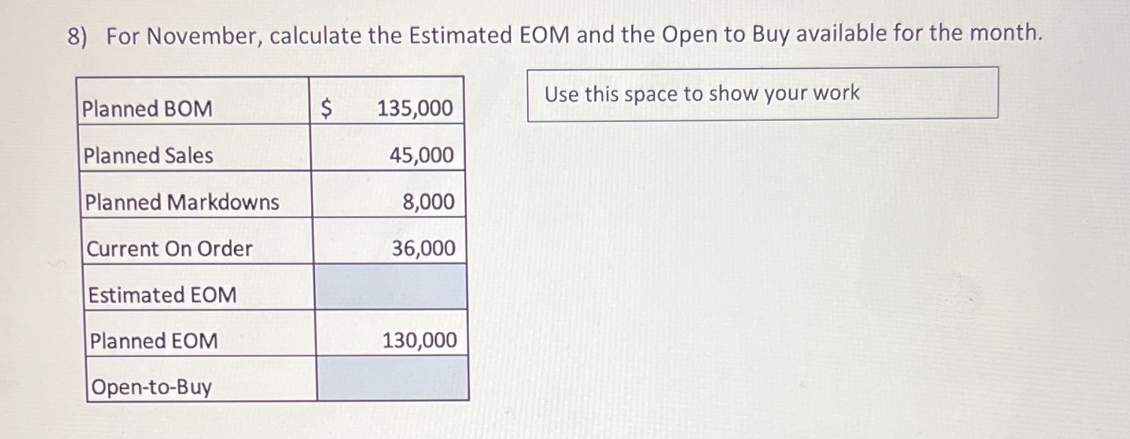 8) For November, calculate the Estimated EOM and