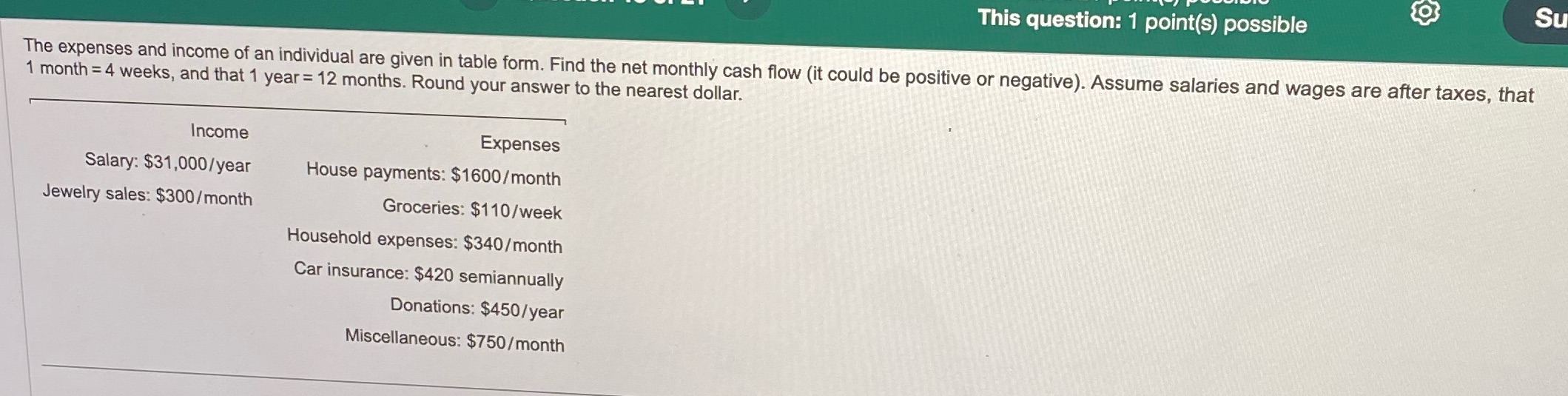 O Su This question: 1 point(s) possible The