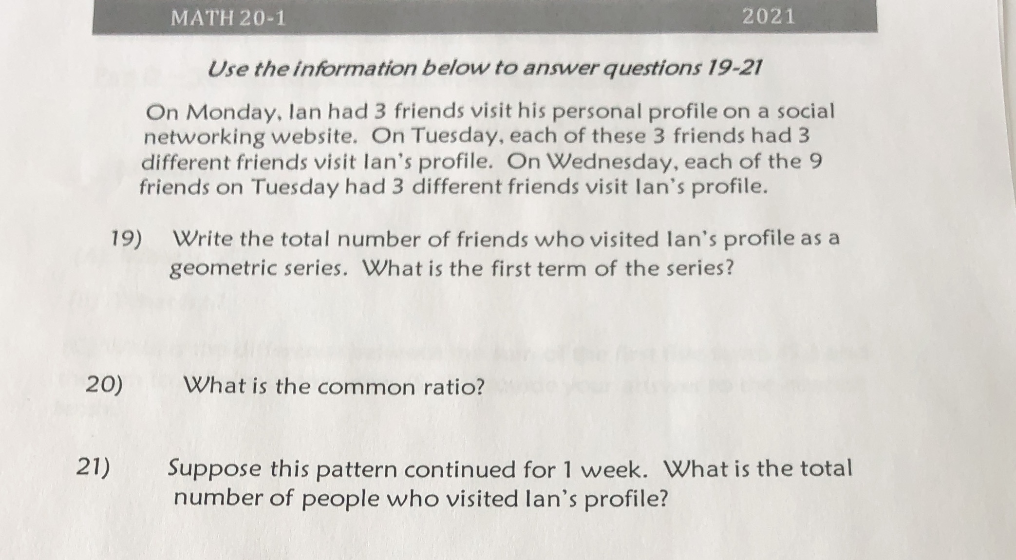 MATH 20-1 2021 Use the information below to