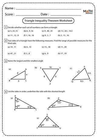 Name : MATH Score : Date : Triangle Inequality