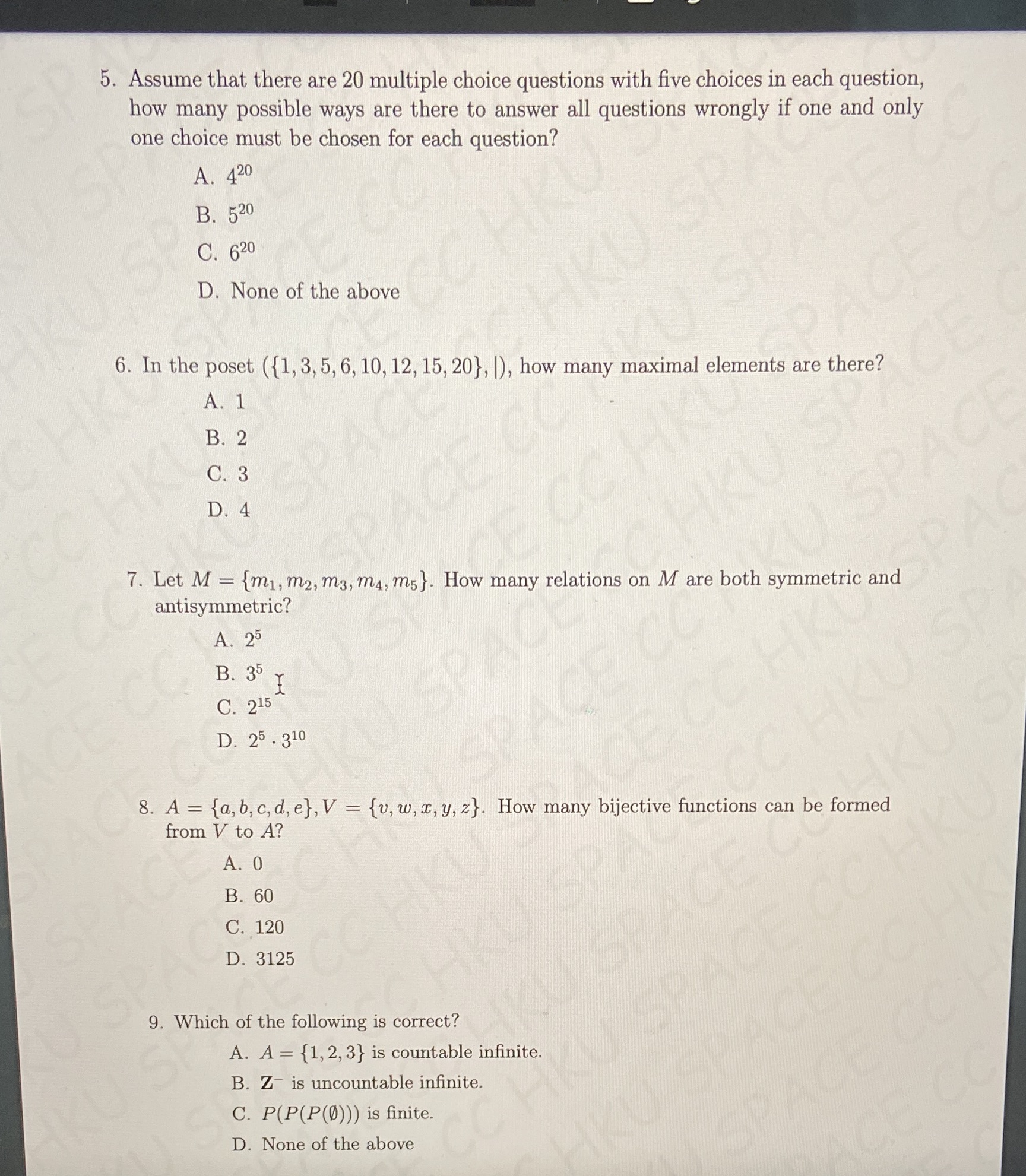 5. Assume that there are 20 multiple choice
