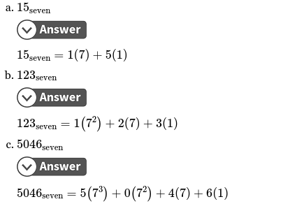 a. 15 seven V Answer 15 seven = 1(7) + 5(1) b.