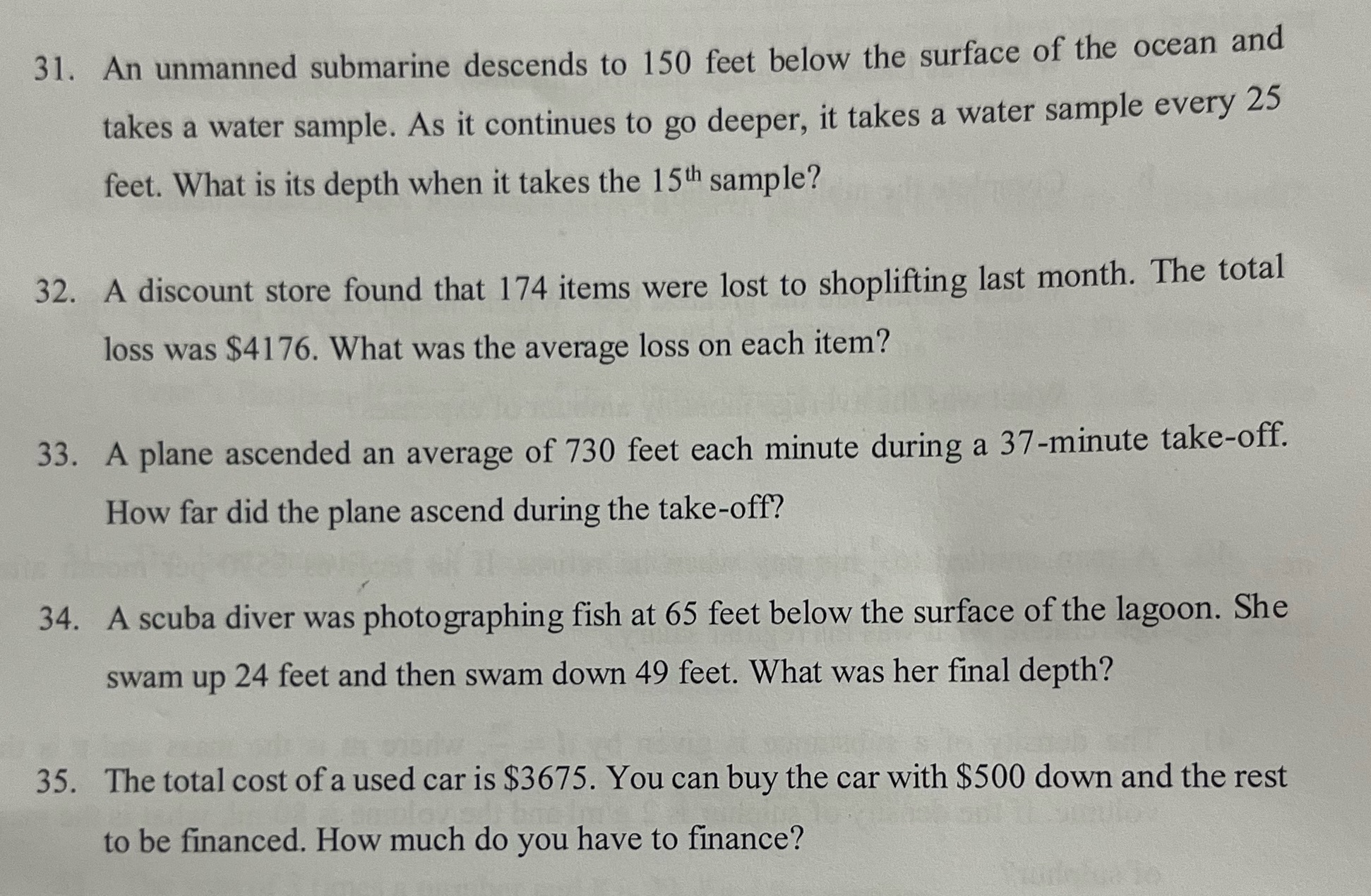31. An unmanned submarine descends to 150 feet