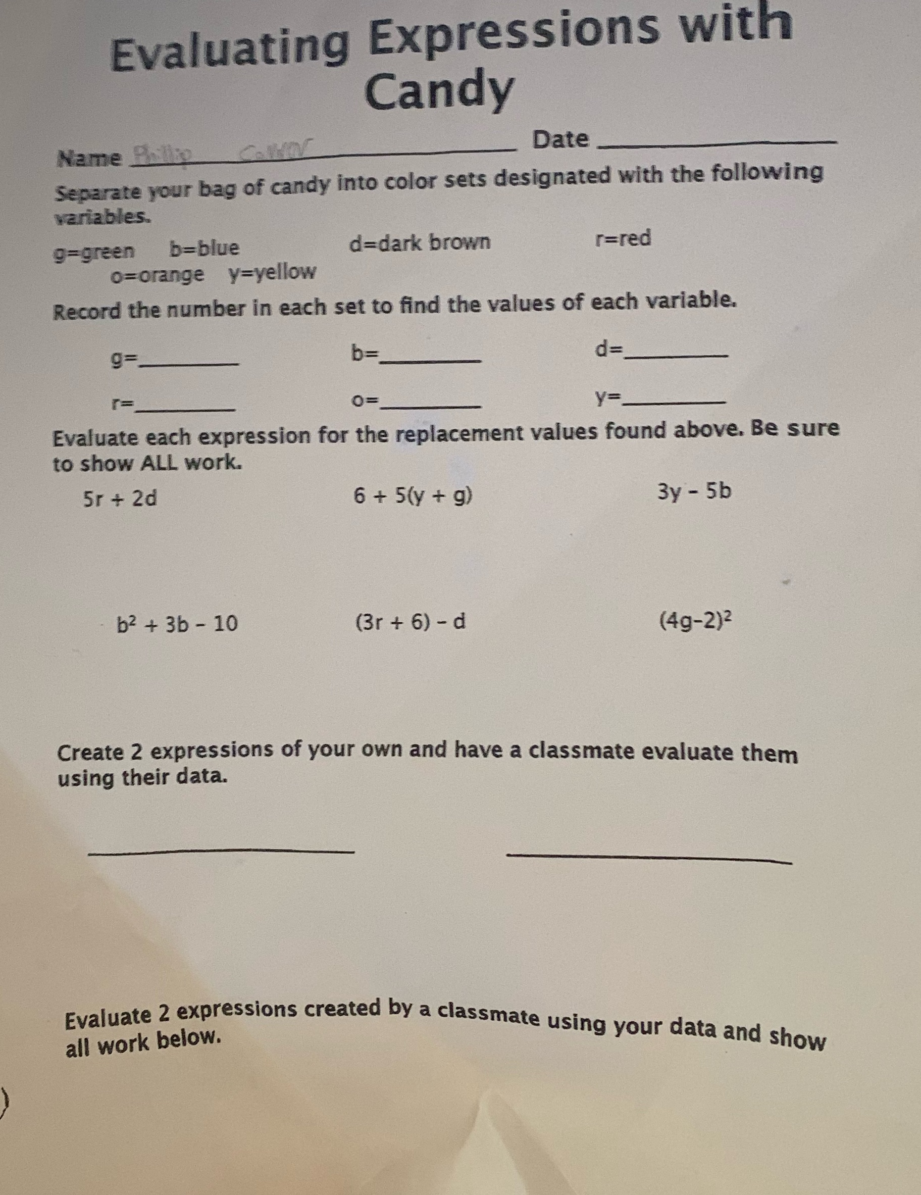 Evaluating Expressions with Candy Name Pailljo