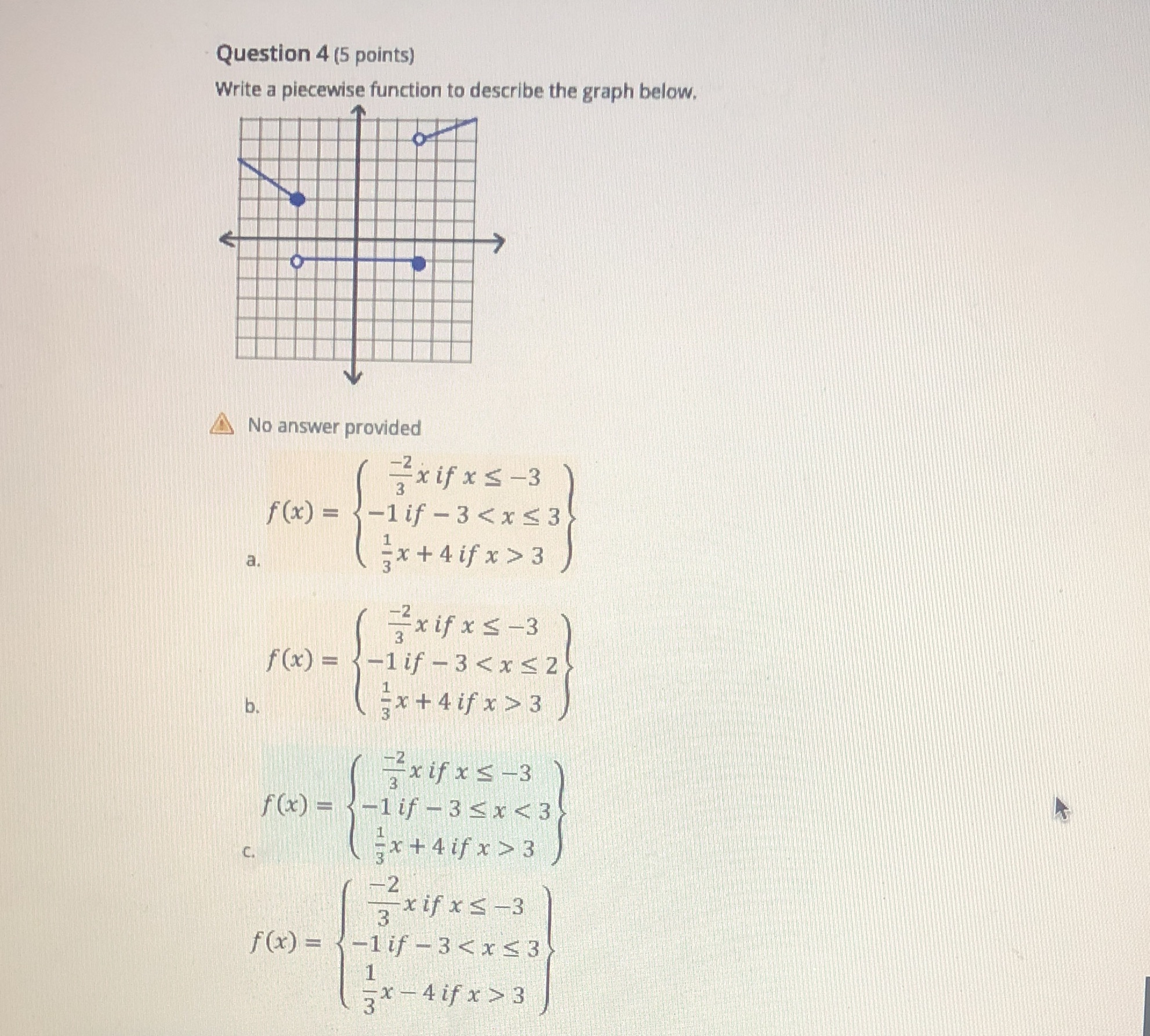 Question 4 (5 points) Write a piecewise function