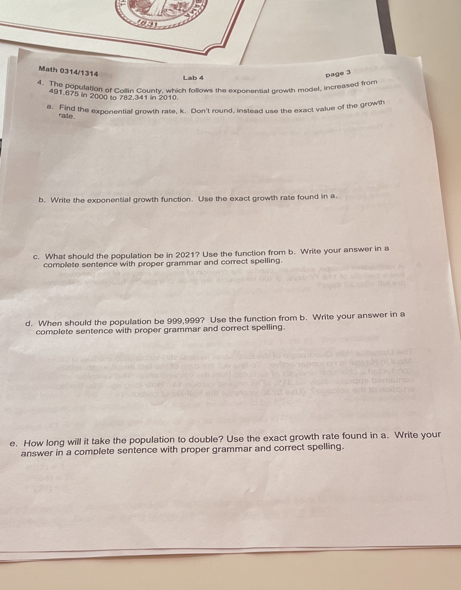 Math 0314/1314 Lab 4 page 3 4. The population of