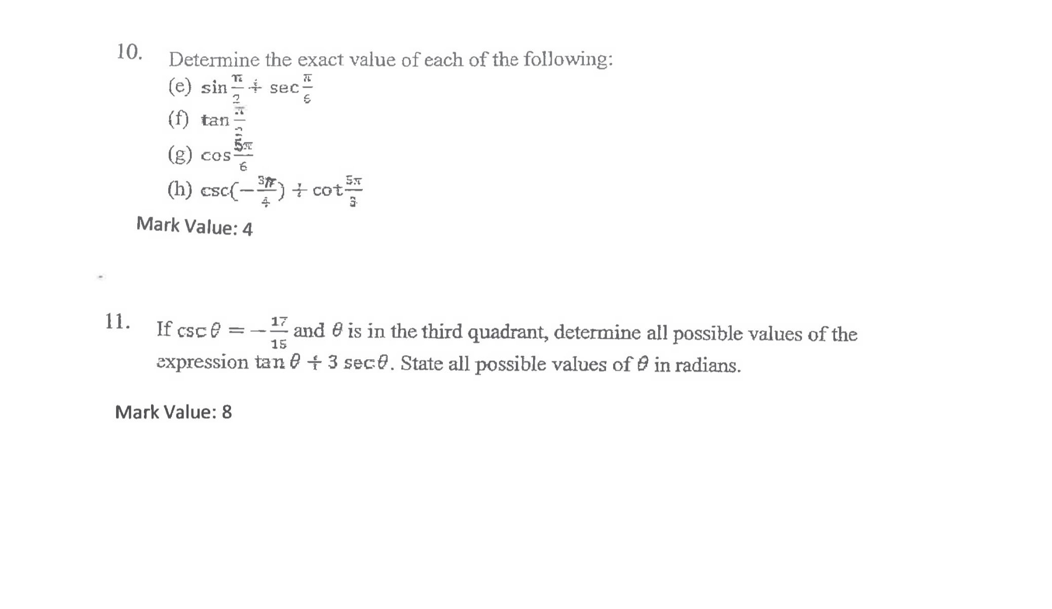I. Convert S radians into degrees: Mark Value: 3