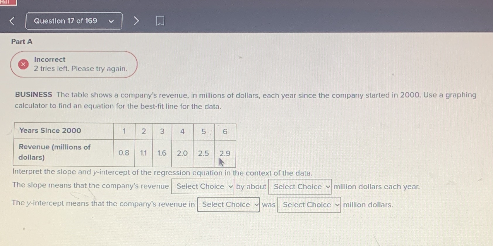 Question 17 of 169 V Part A Incorrect 2 tries