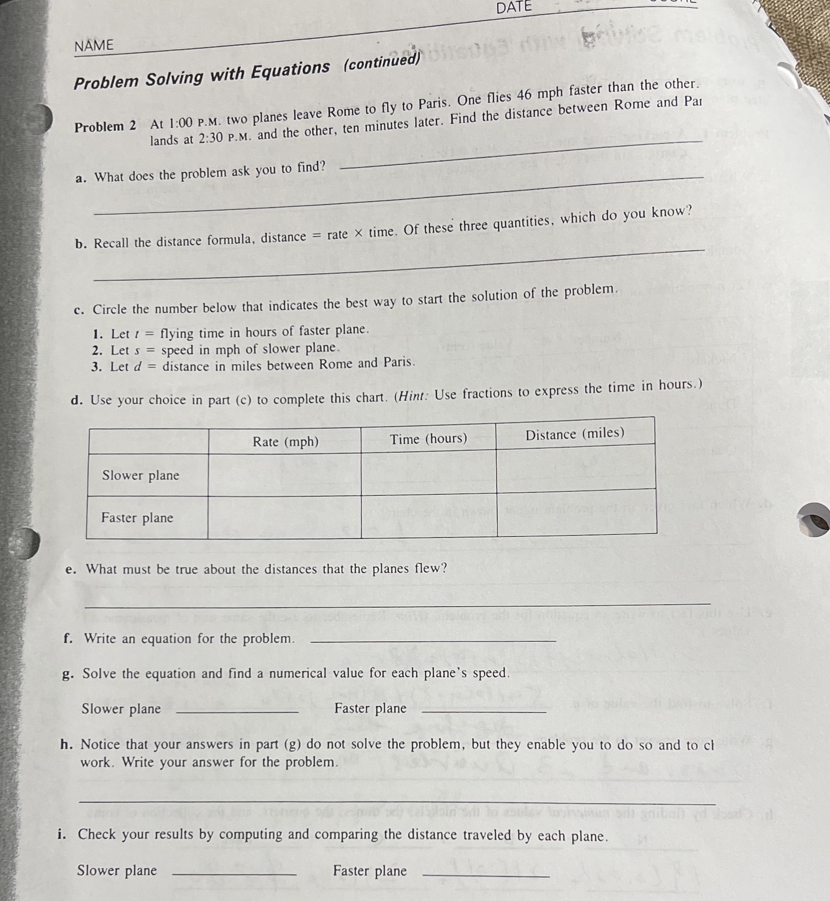 DATE NAME Problem Solving with Equations