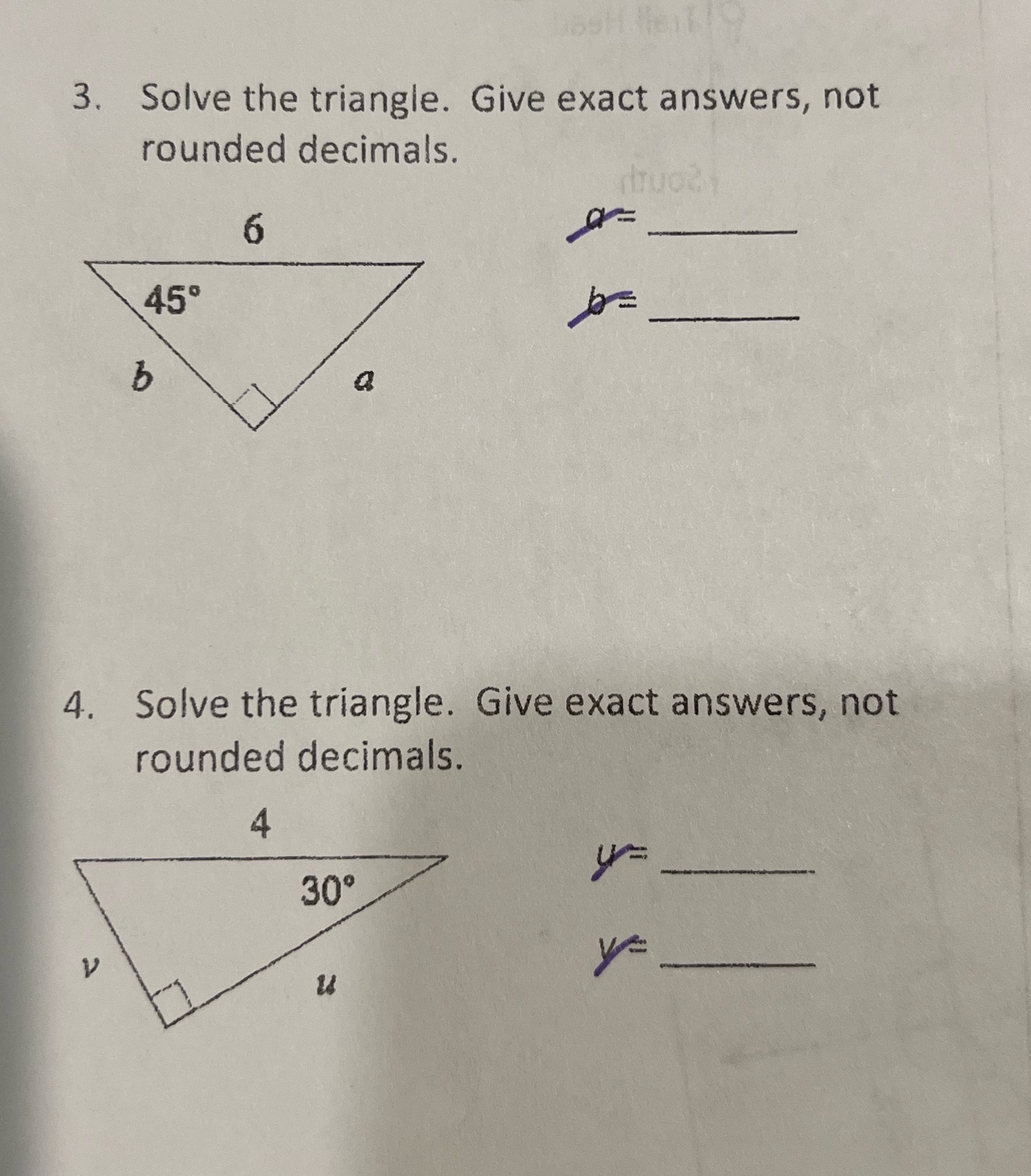 3. Solve the triangle. Give exact answers, not