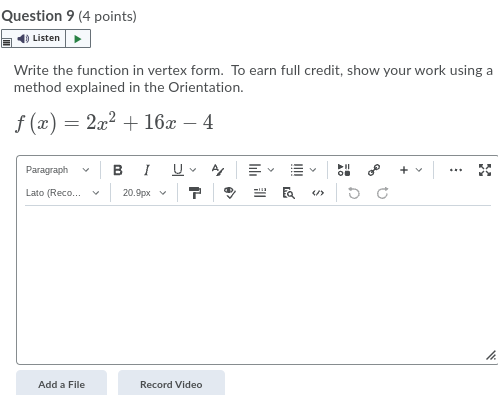 Question 9 (4 points) i Listen Write the function