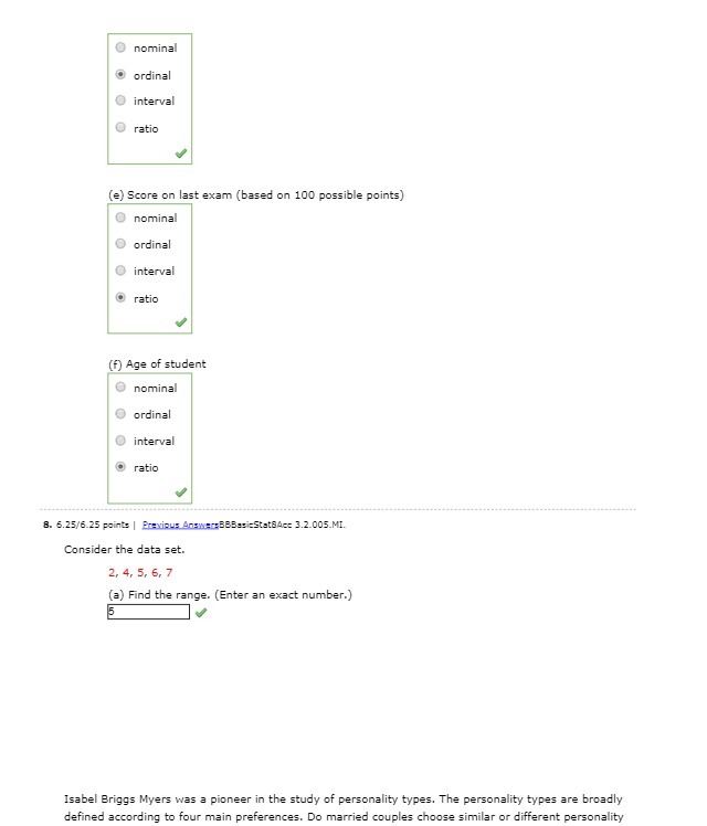 O nominal 0 ordinal O interval O ratio (e) Score