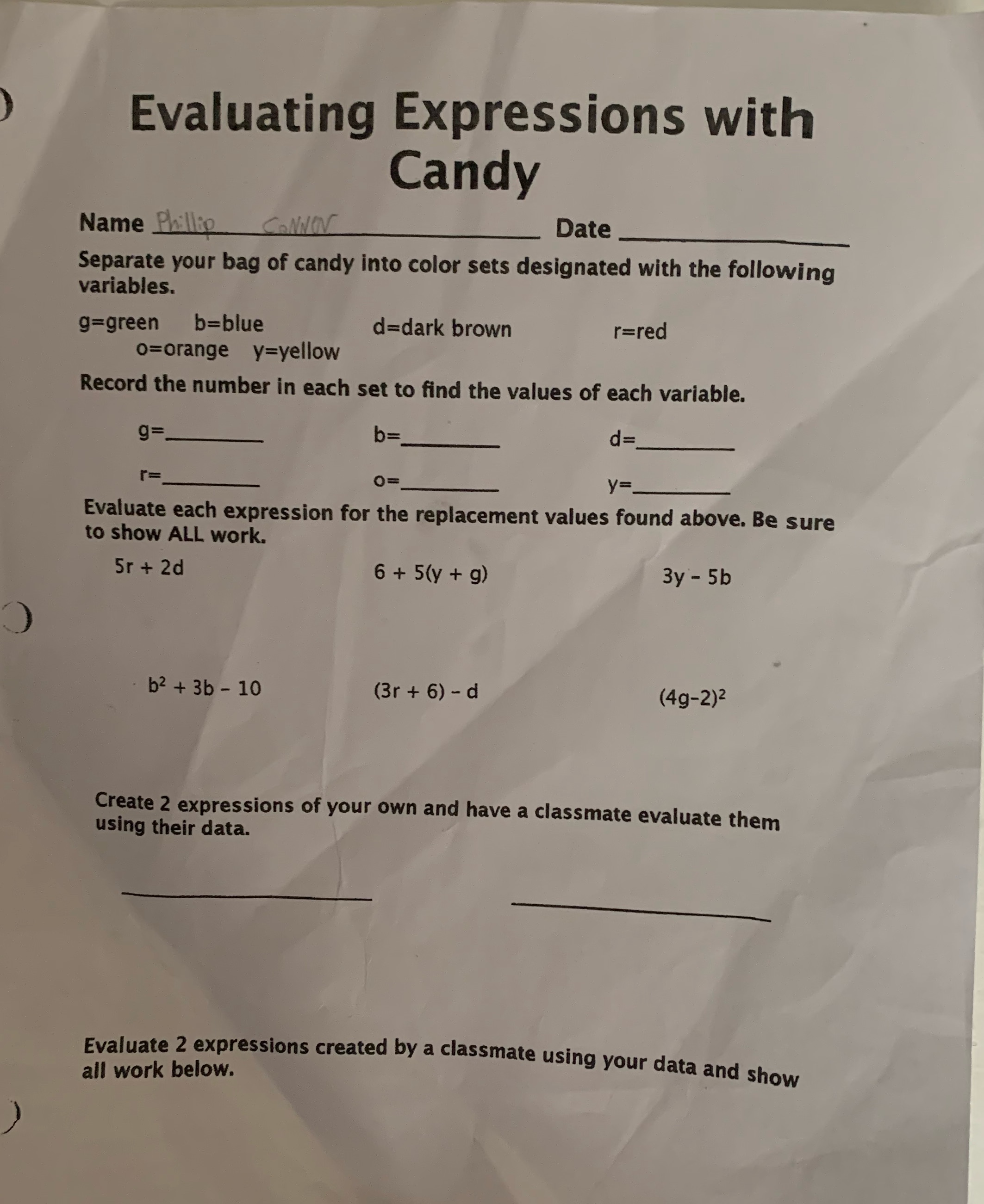 Evaluating Expressions with Candy Name Phillip