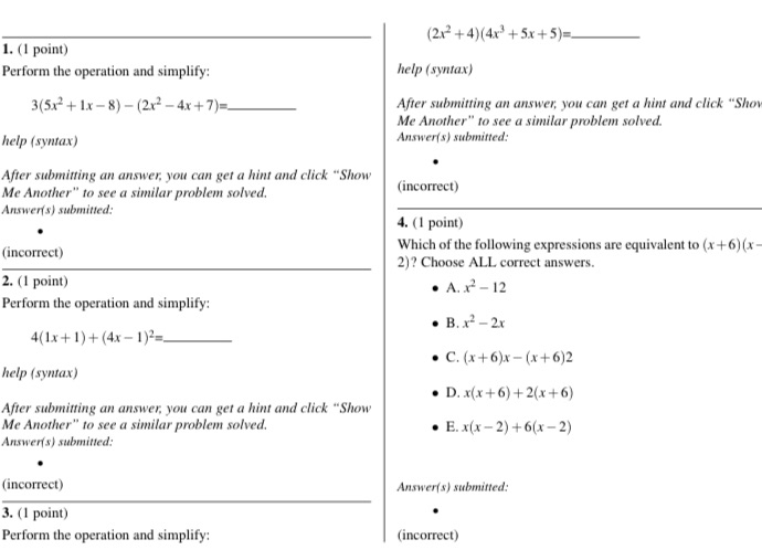 (212 + 4) (4x) + 5.x + 5)=_ 1. (1 point) Perform