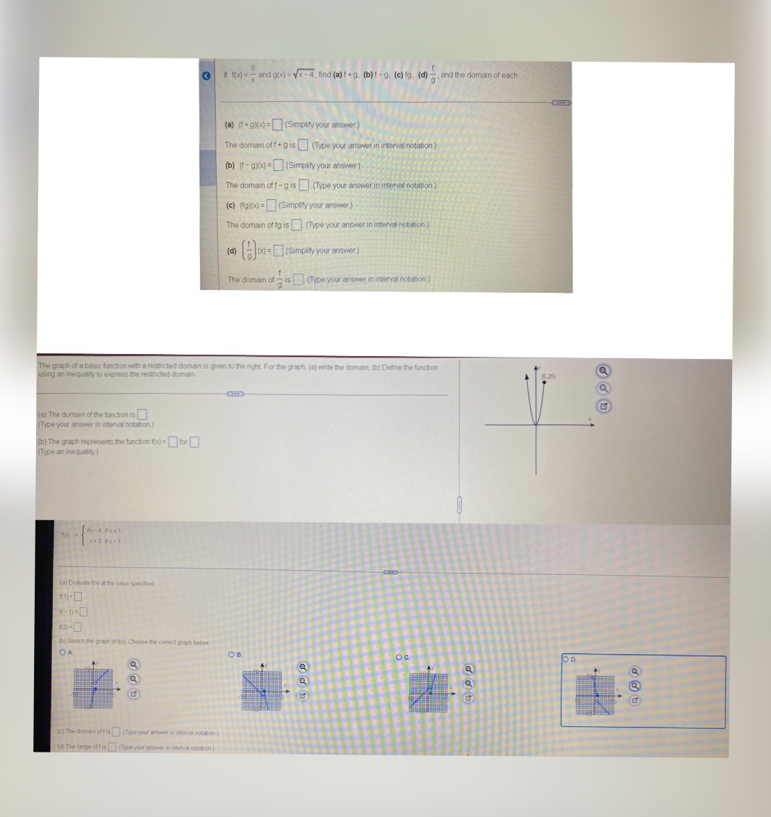 It (( x ) = > and g(x) = vx-4, find (a) f + 9.