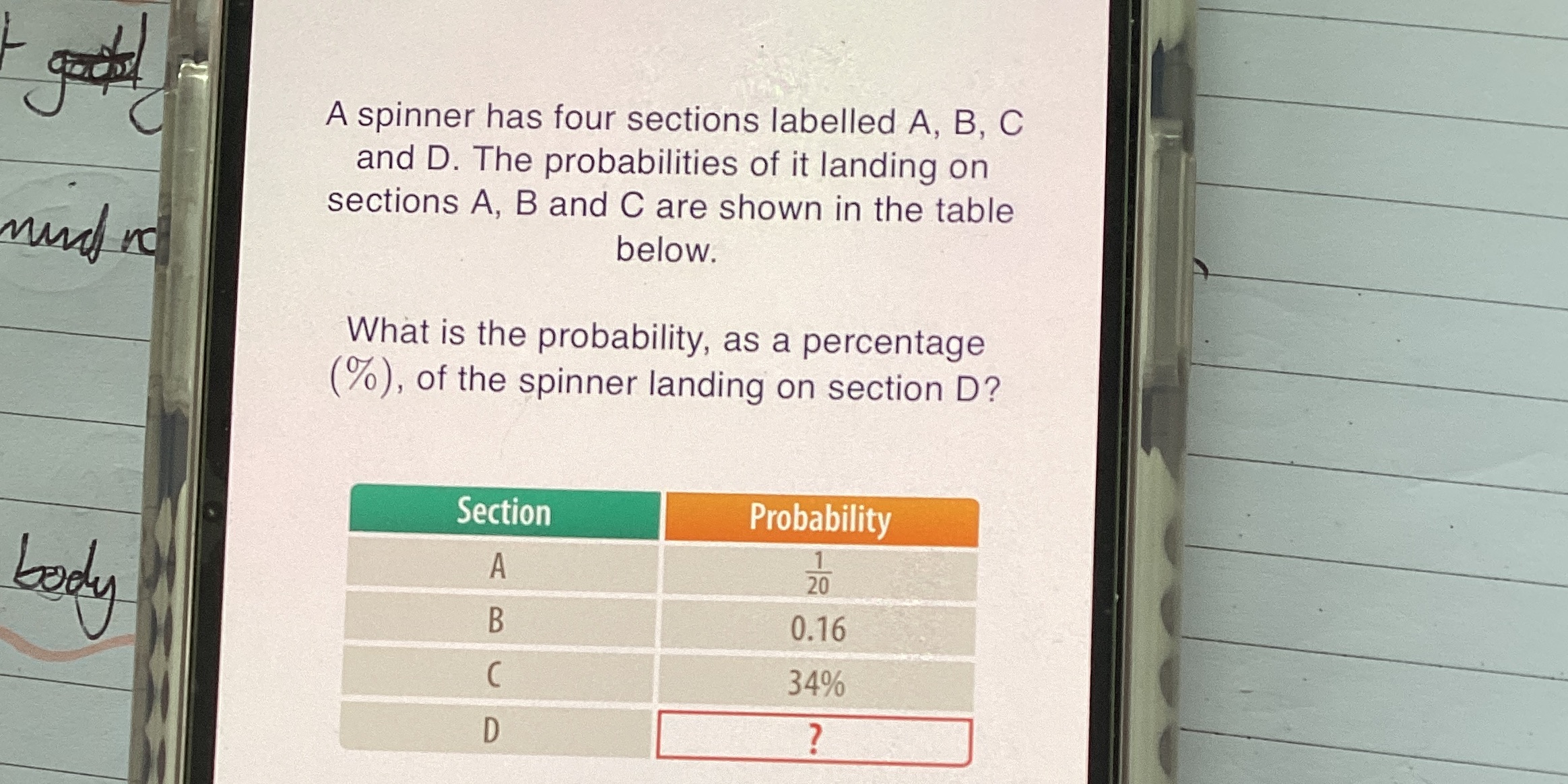 A spinner has four sections labelled A, B, C and