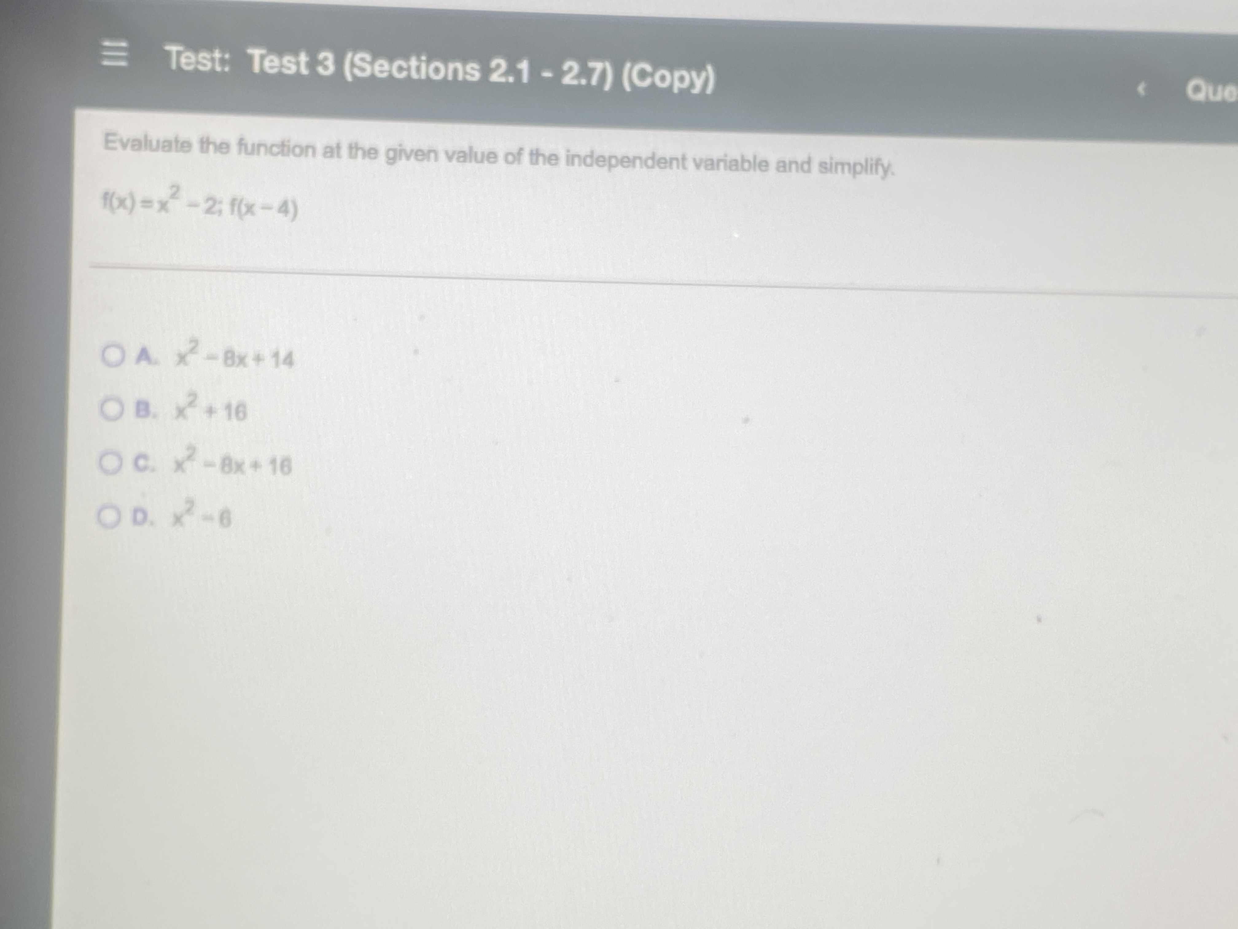 E Test: Test 3 (Sections 2.1 - 2.7) (Copy) Que