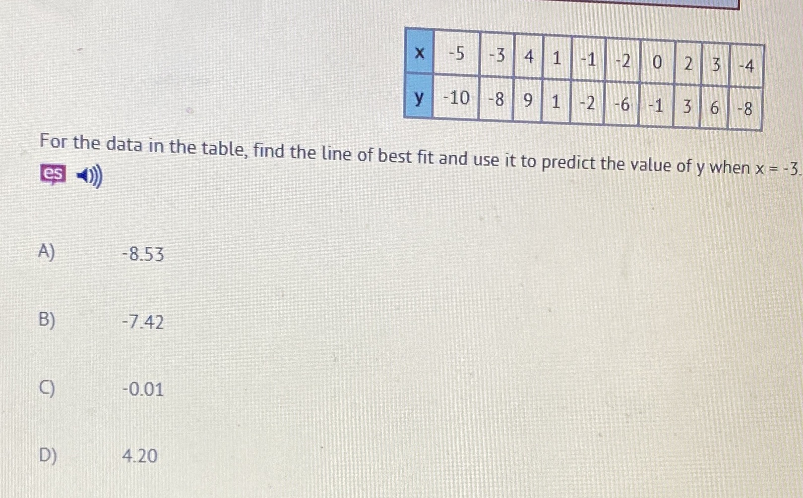 X -5 -3 4 1 1-1 -2 0 12 3 -4 y 10 -8 9 1 -2 -6 -1