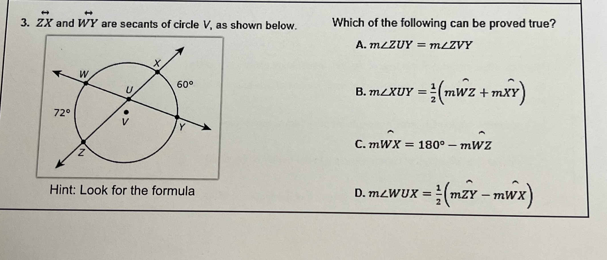 3. ZX and WY are secants of circle V, as shown