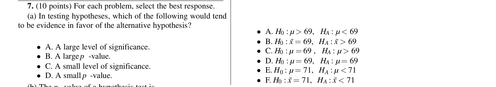 7. (10 points) For each problem, select the best