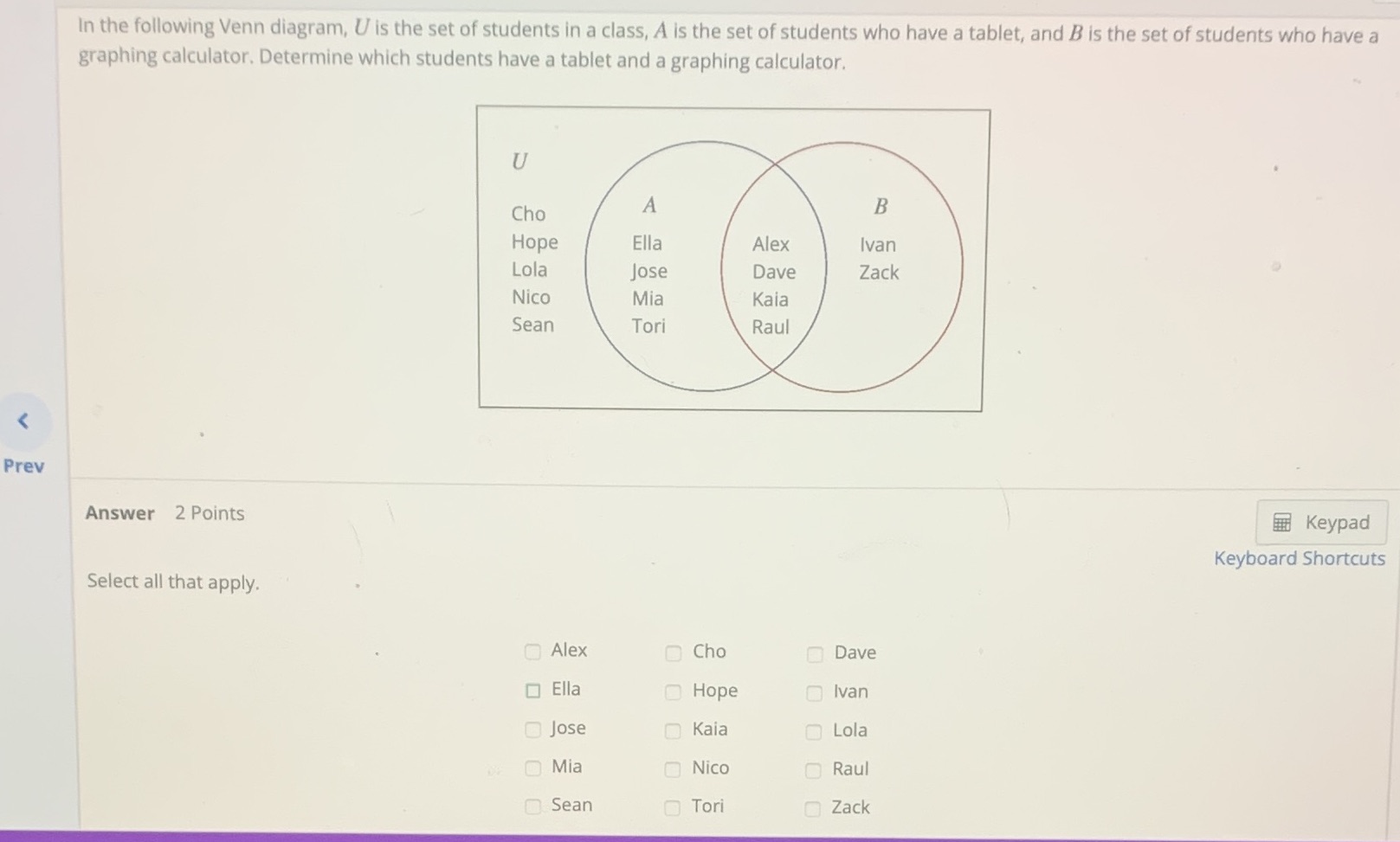In the following Venn diagram, U is the set of