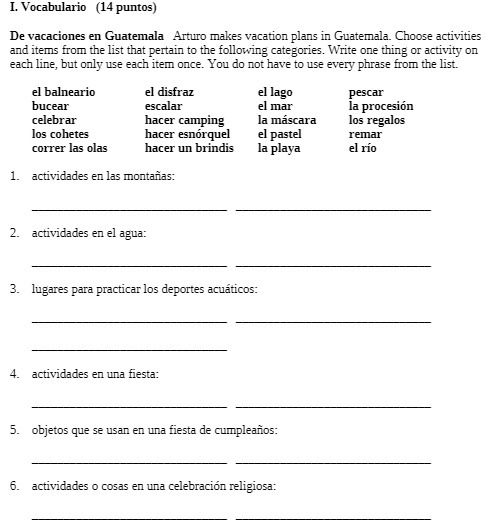 I. Vocabulario (14 puntos) De vacaciones en