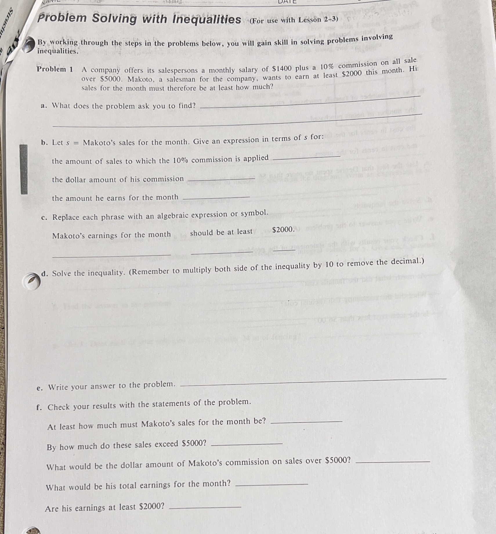 Problem Solving with Inequalities (For use with