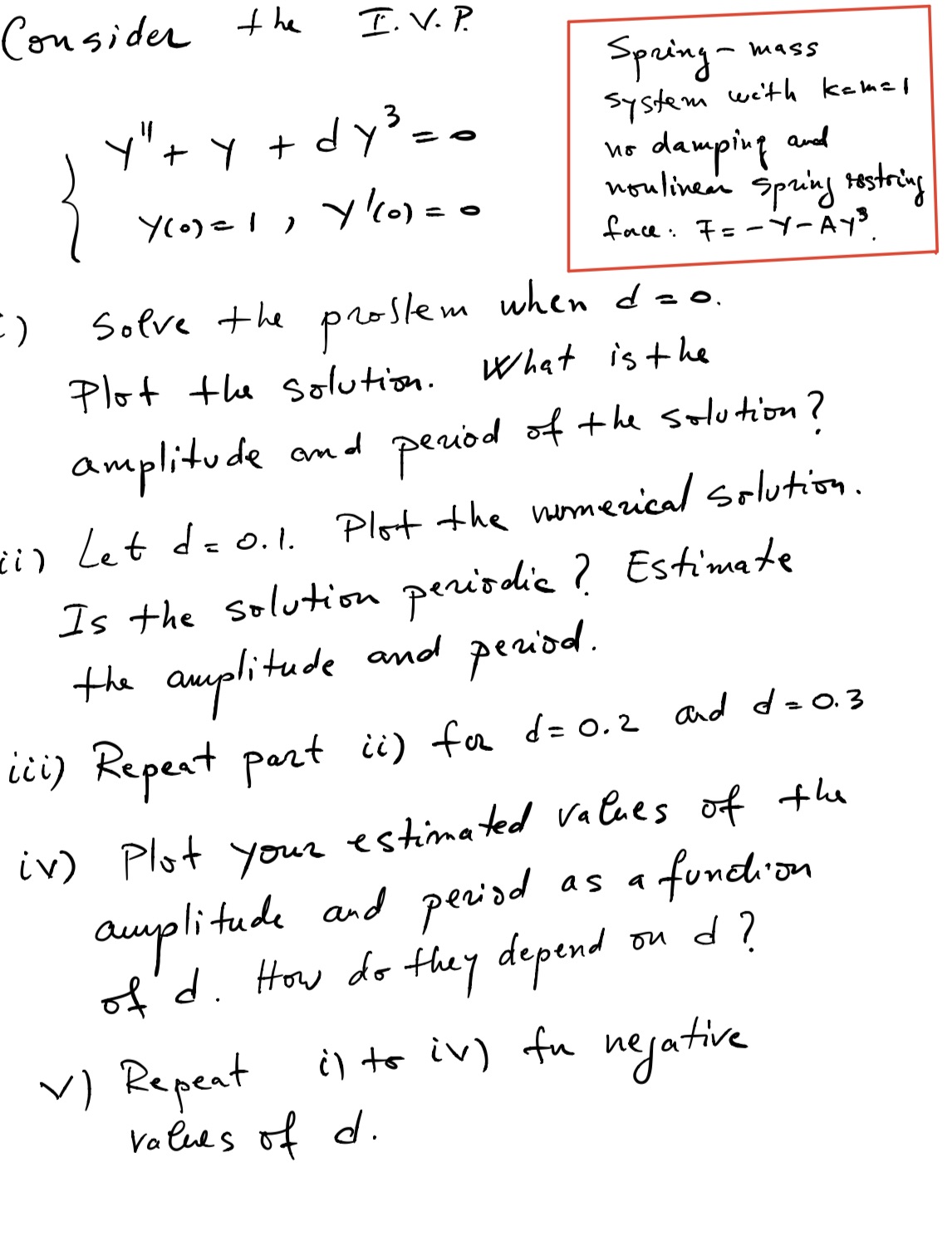 Consider the I. V. P. Spring - mass + y + dy