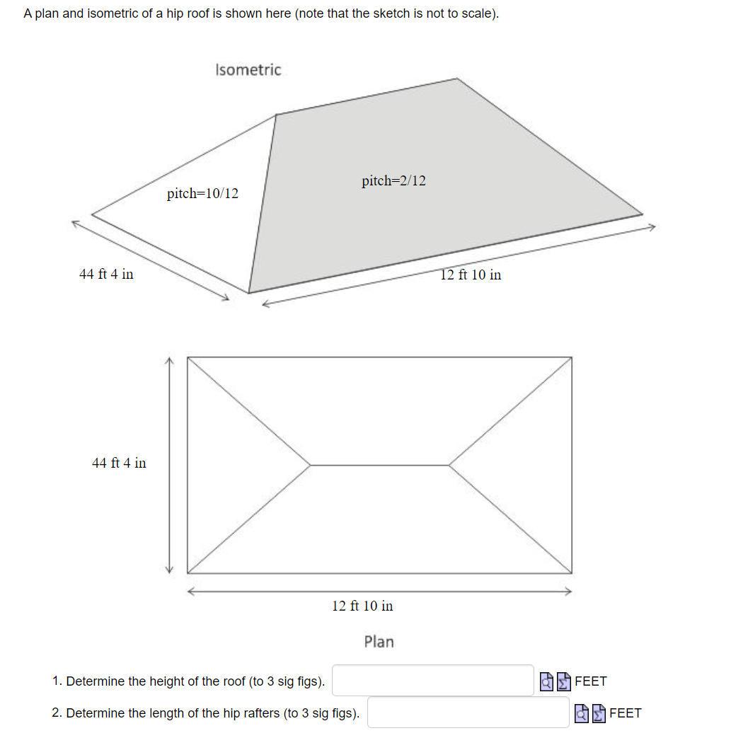A plan and isometric of a hip roof is shown here