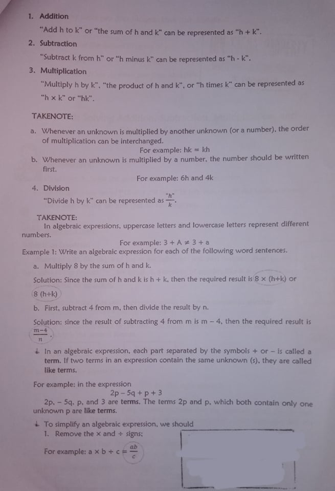 lesson: 1. Addition "Add h to k" or "the sum of h