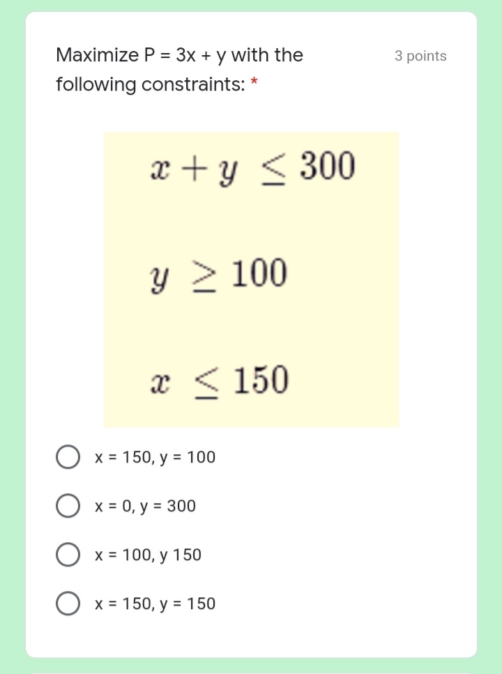 Maximize P = 3x + y with the 3 points following