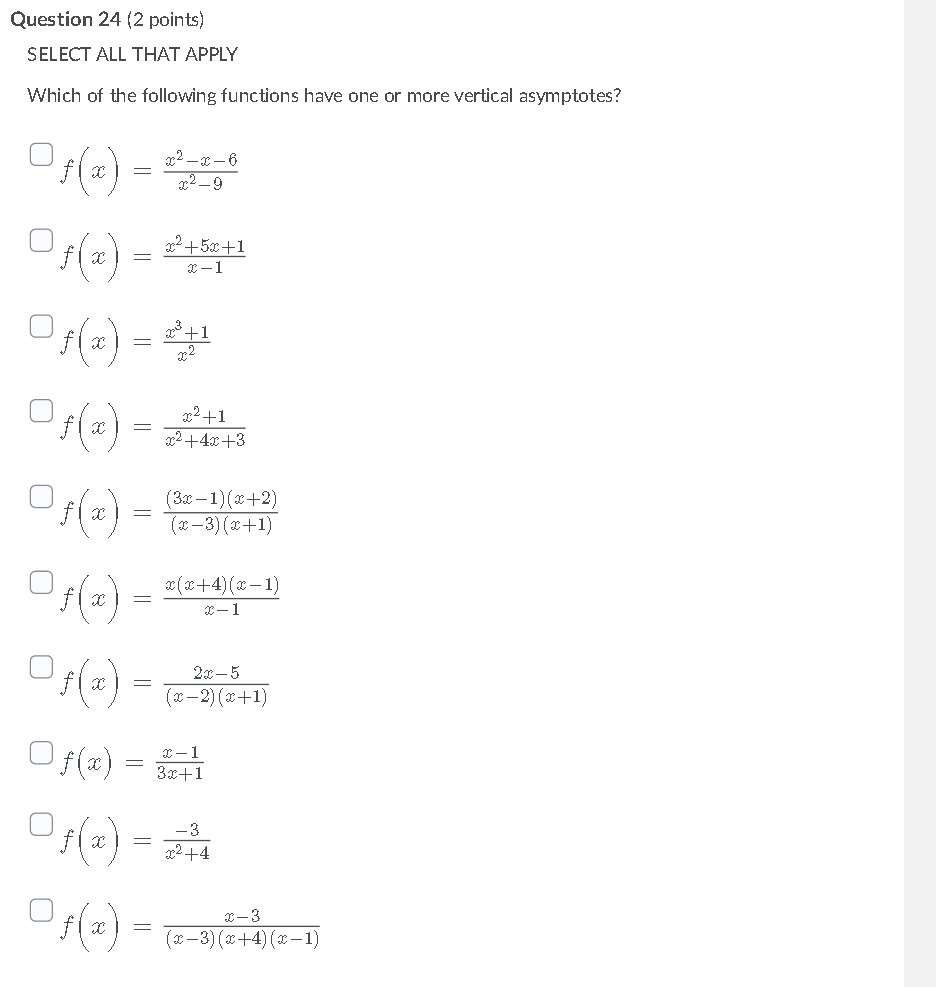 Question 24 (2 points) SELECT ALL THAT APPLY