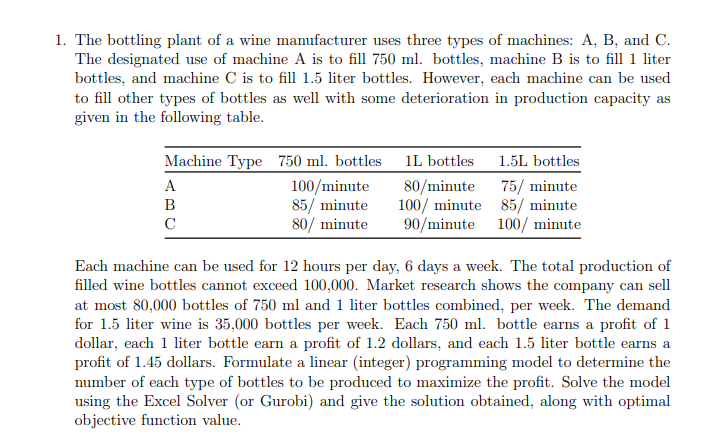 1. The bottling plant of a wine manufacturer uses