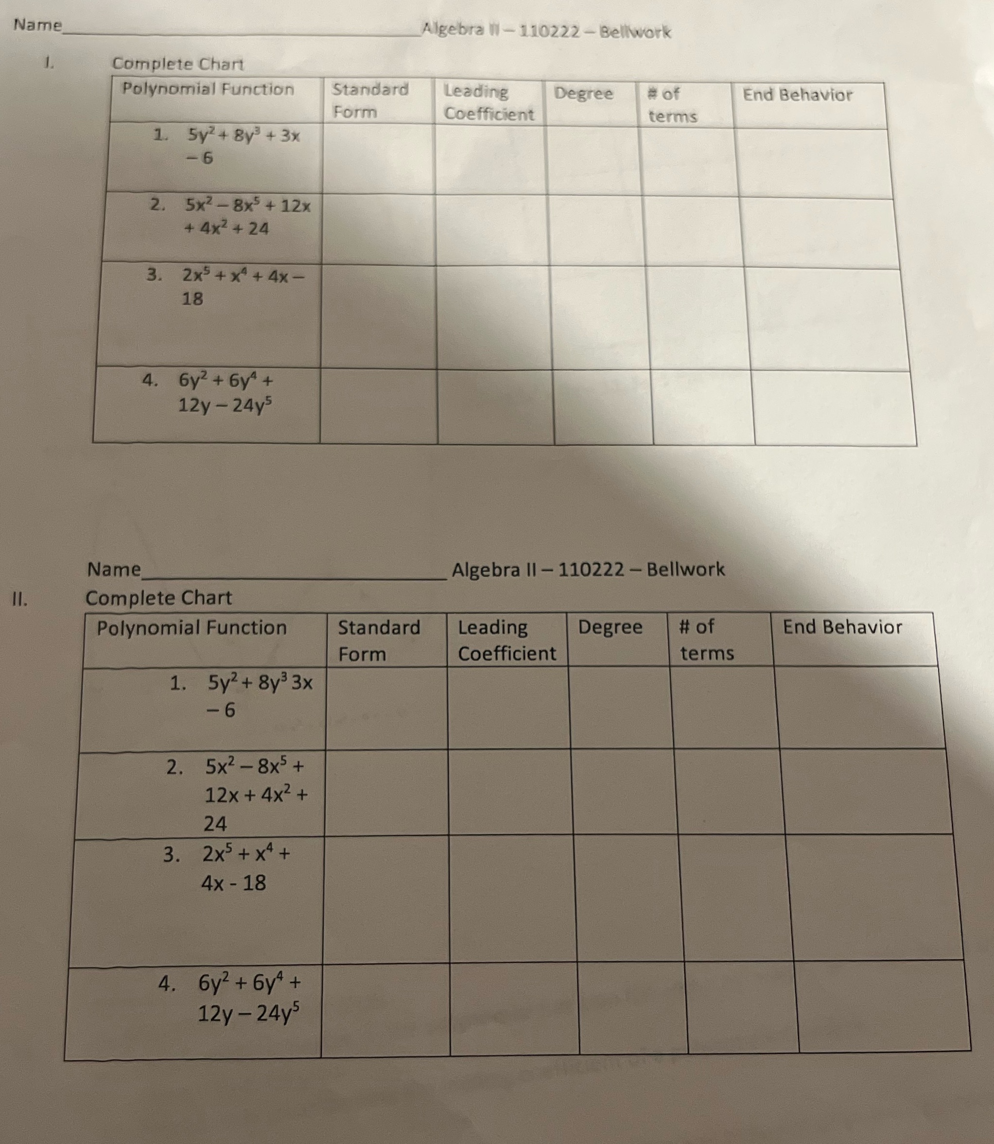 Name Algebra II- 110222 -Bellwork Complete Chart