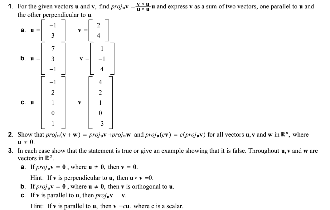 1. For the given vectors u and v, find projuv