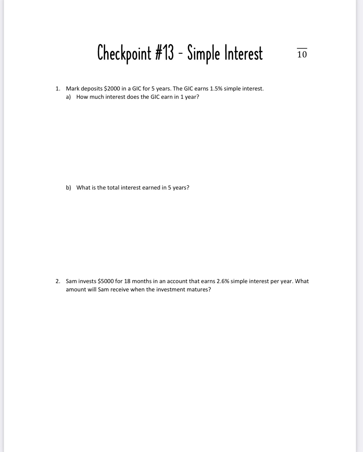Checkpoint #13 - Simple Interest E 1. Mark