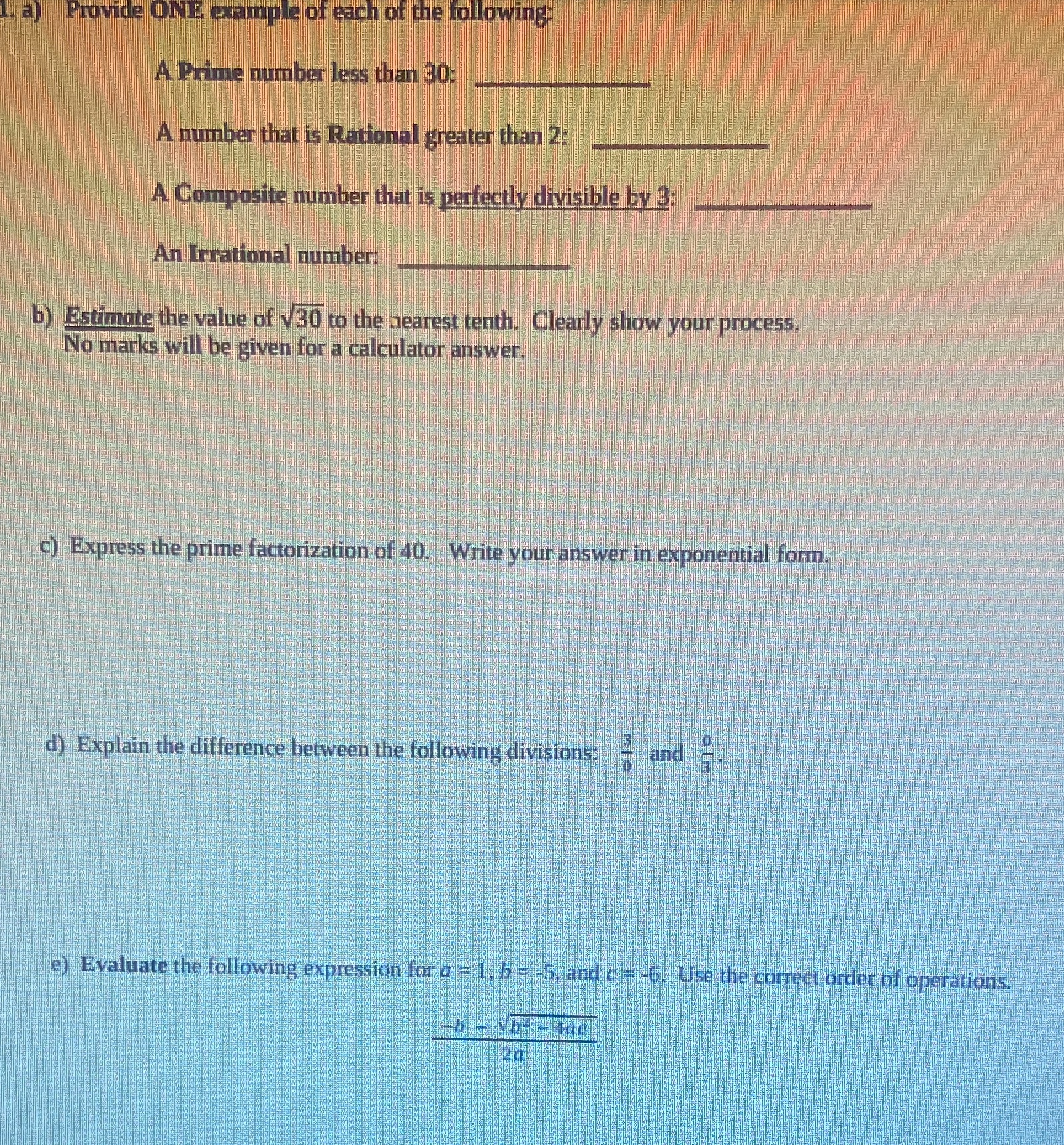 1. a) Provide ONE example of each of the