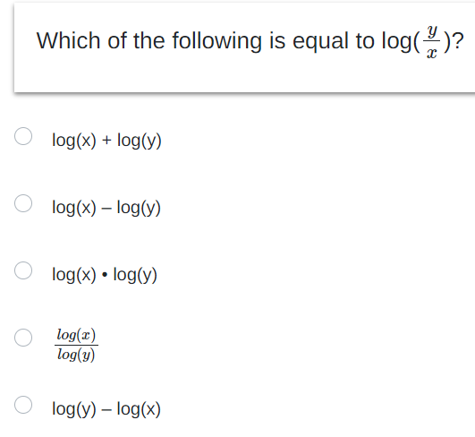 Which of the following is equal to log( )? O