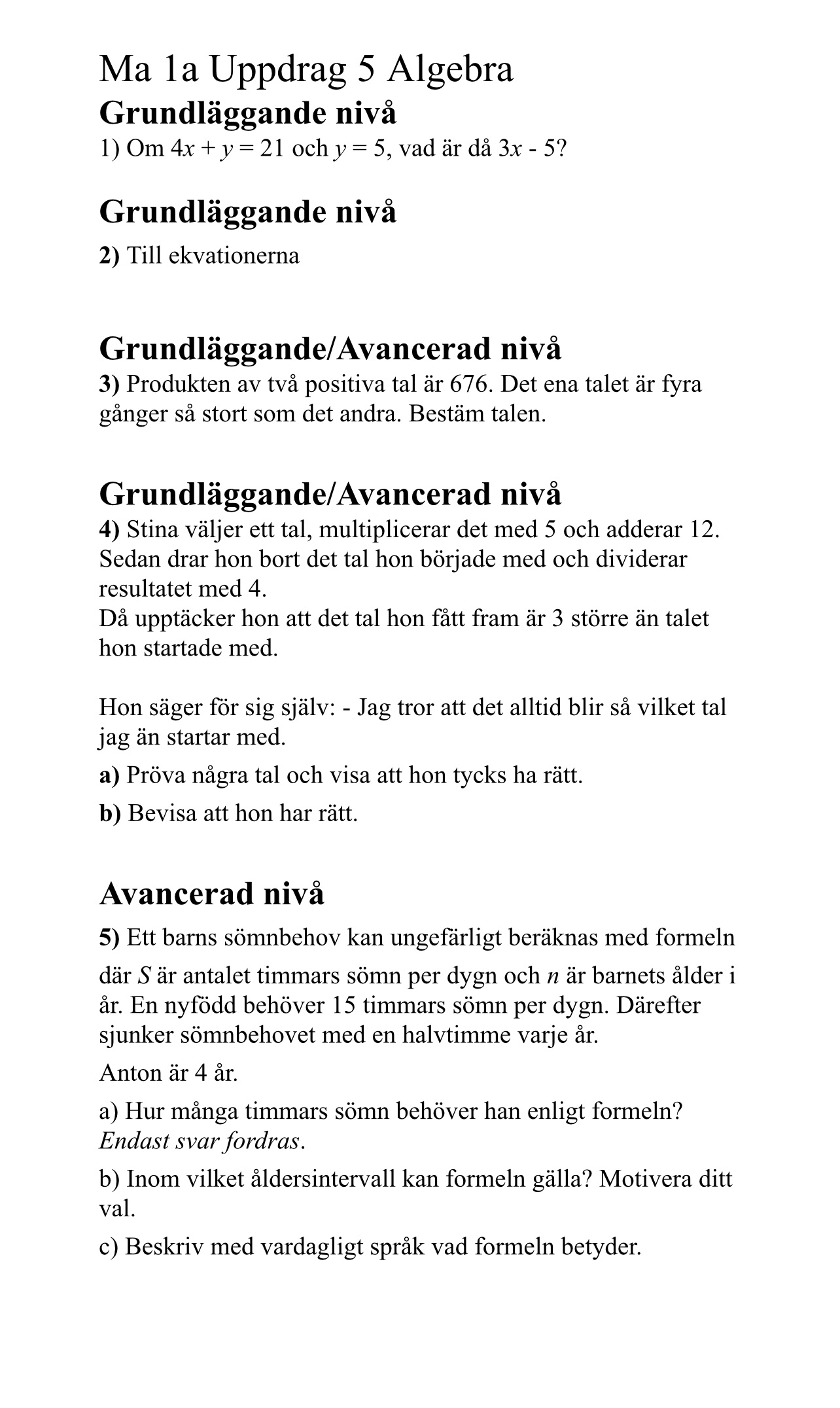 Ma la Uppdrag 5 Algebra Grundlaggande niva 1) Om