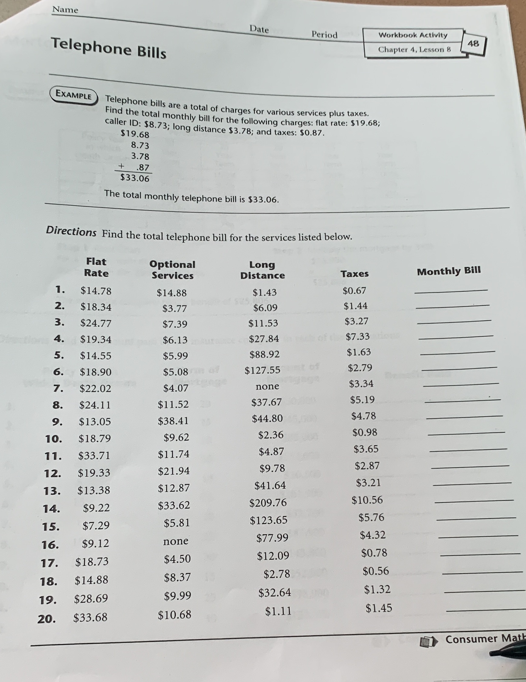 Name Date Period Workbook Activity Telephone