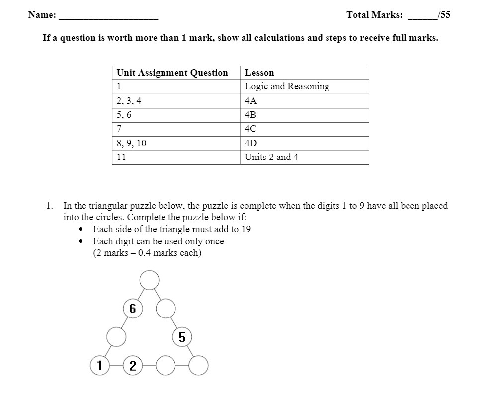 Name: Total Marks: :55 If a question is worth