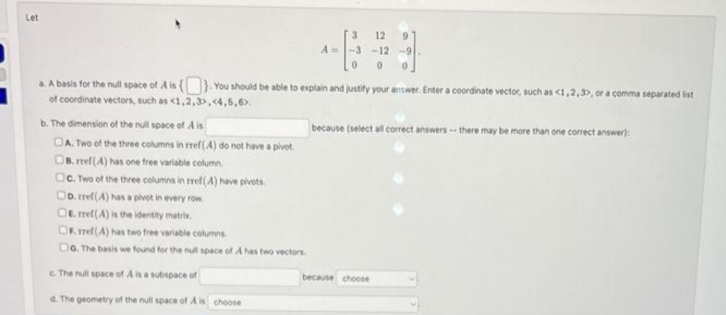 asap Let 12 9 A a. A basis for the null space of