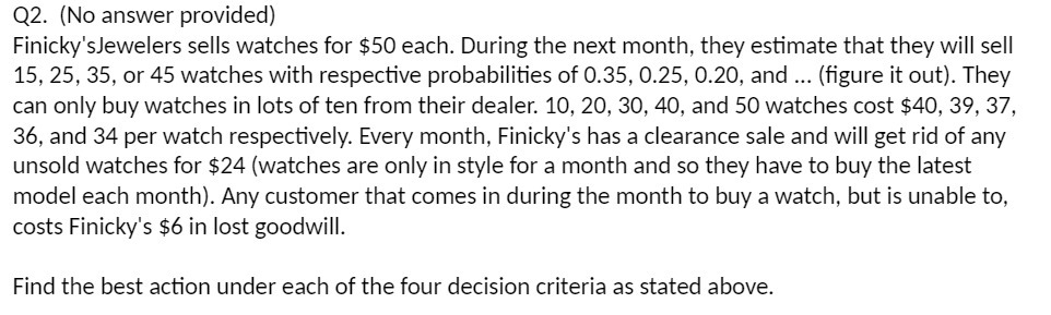 Q2. [No answer provided] Finicky'sJewelers