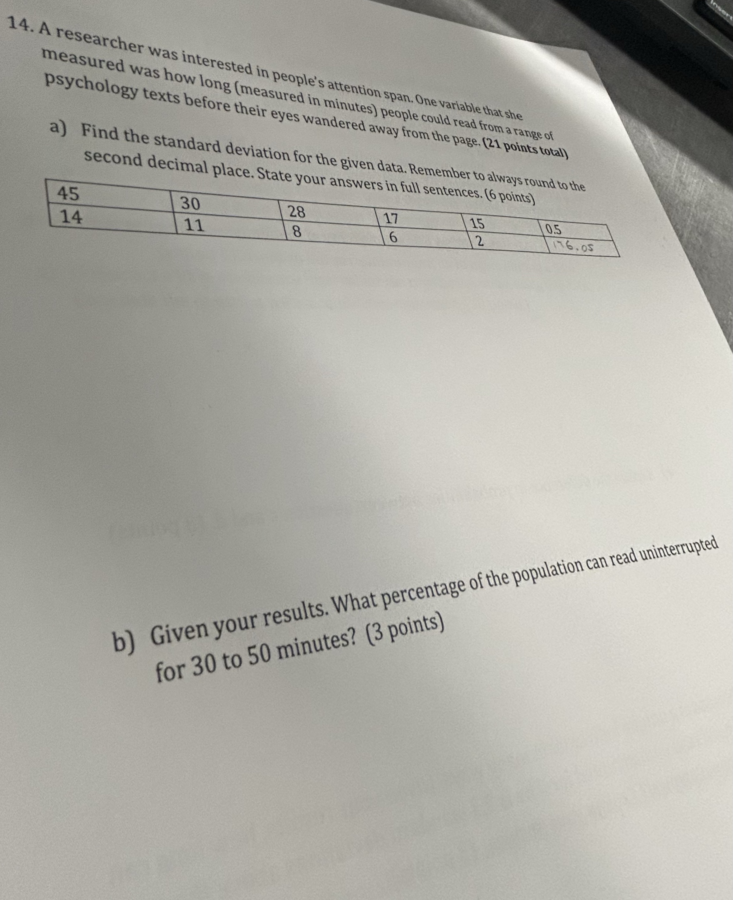 14. A researcher was interested in people's