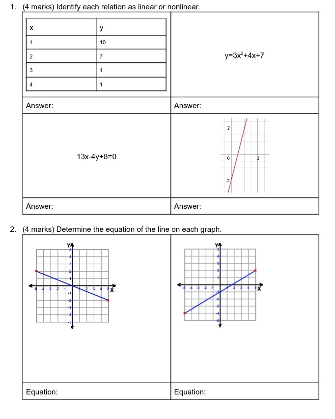 1. (4 marks) Identify each relation as linear or