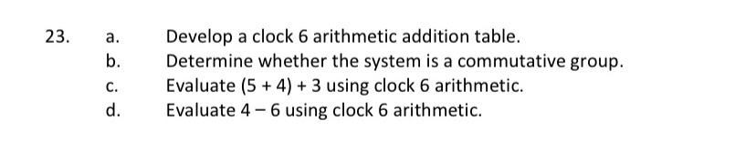 23. a. Develop a clock 6 arithmetic addition