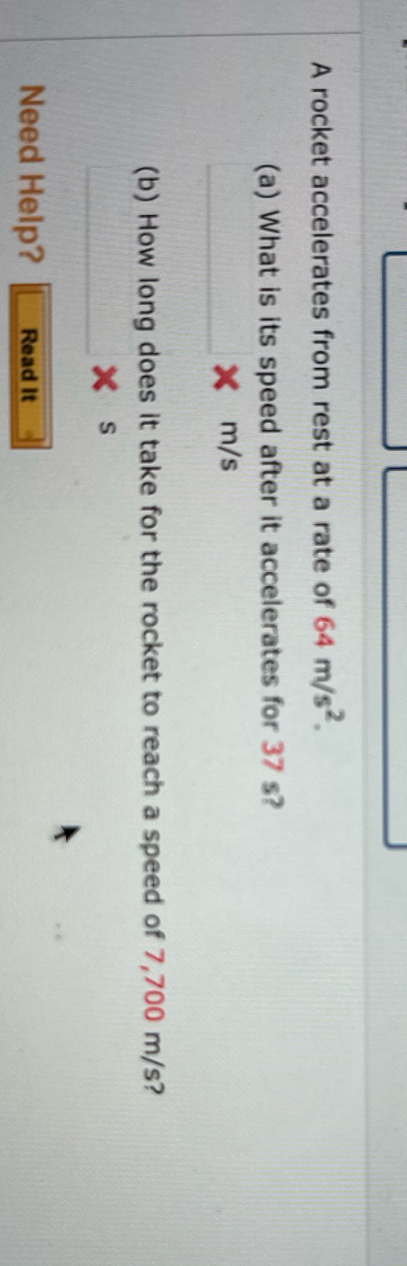 A rocket accelerates from rest at a rate of 64