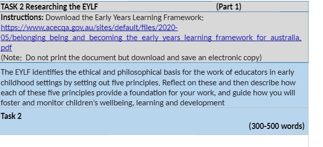TASK 2 Researching the EYLF (Part 1)