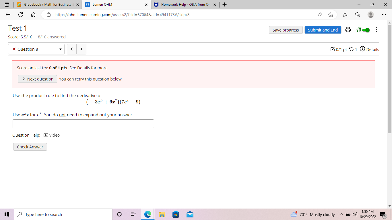 Gradebook / Math for Business & X Q Lumen OHM X *